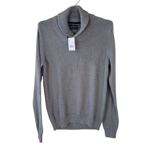 EVEN TIDE Steel Grey Button Shawl Collar Mock Neck Sweater Size M